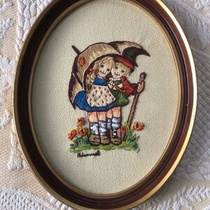 Vintage Hummel Embroidered Wall Art - Children with Umbrella